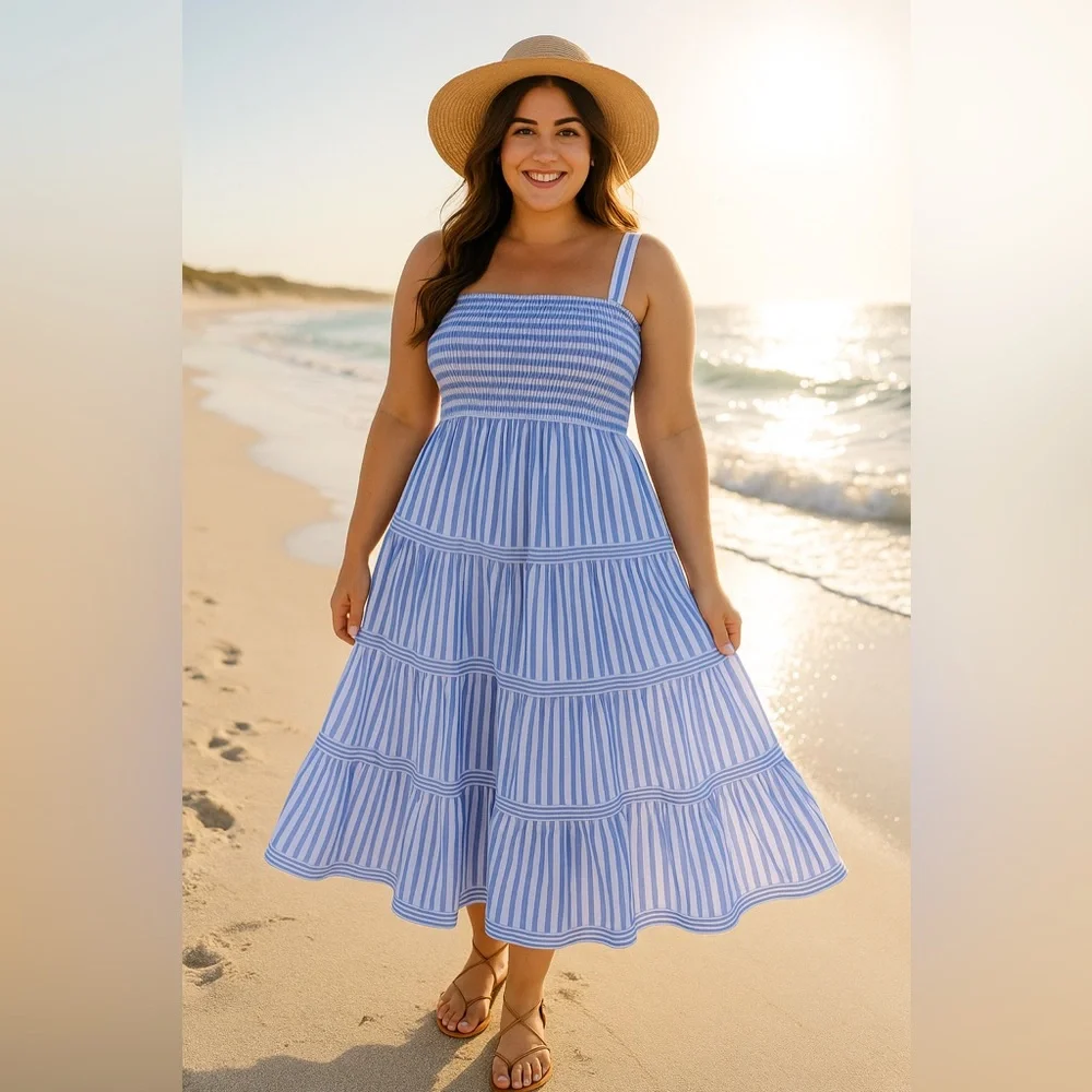 Blue & White Striped Coastal Sleeveless Maxi Dress, 1X, NWT! - Picture 6 of 15